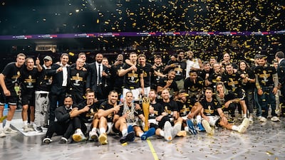 Dubai Basketball celebrate winning the ABA League title in Belgrade. Photo: Dubai Basketball