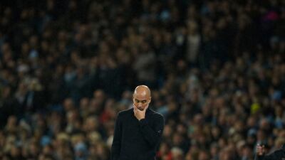 Manchester City head coach Pep Guardiola looking pensive during the match against Tottenham at the Etihad Stadium in Manchester, which the home side lost 4-0. AP