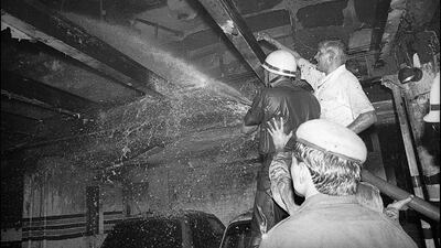 Firemen fighting the fire at Uphaar Cinema in which Fifty-nine people, trapped in the balcony of the theatre, died of asphyxia on June 13, 1997 in New Delhi, India. Hindustan Times