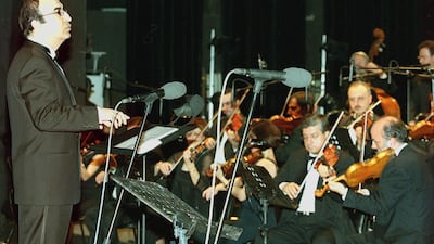 Elias Rahbani conducts his orchestra during a concert at the Casino du Liban in 2000. AFP