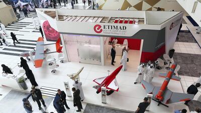 Drones on display at the Etimad stand. Pawan Singh / The National