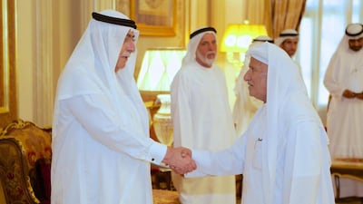 Sheikh Ahmed bin Sultan Al Qasimi receives condolences from mourners for the passing yesterday of Sheikha Alia bint Mohammed Al Qasimi. Wam