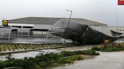A general view of a parking tent knocked down by Medicane (Mediterranean hurricane) Ianos on Zakynthos island, Greece. A rare hurricane-like cyclone in the eastern Mediterranean, a so-called 'Medicane', named Ianos is forecasted to make landfall in Kefalonia, Ithaca and Zakynthos with winds reaching hurricane-force Category 1. EPA