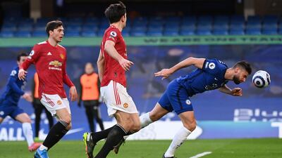 Chelsea striker Olivier Giroud fails to connect with a diving header during the goalless Premier League draw with Manchester United at Stamford Bridge on Sunday, February 28. AFP