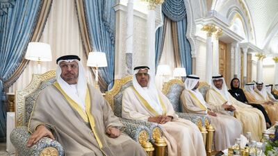 From left: Dr Anwar Gargash, Minister of State for Foreign Affairs; Obaid Al Tayer, Minister of State for Financial Affairs; Suhail Al Mazrouei, Minister of Energy; Dr Sultan Al Jaber, Minister of State, Chairman of Masdar and chief executive of Adnoc Group; and Noura Al Kaabi, Minister of Culture and Knowledge Development, attend a meeting with Mr Mirziyoyev.