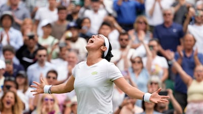 Tunisia's Ons Jabeur celebrates after beating Kazakhstan's Elena Rybakina in their Wimbledon quarter-finals on Wednesday, July 12, 2023. AP