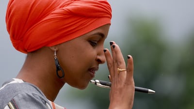 Ms Omar speaks in June outside the US Capitol building about global and domestic food crises. Getty / AFP