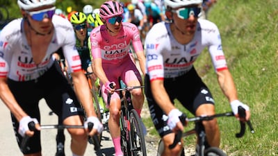 Tadej Pogacar rides in the peloton before his victory. AFP