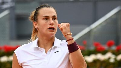 World No 4 Aryna Sabalenka celebrates winning a point in Madrid. AFP