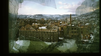 A broken window in the destroyed parliament building in March 1996 in Sarajevo. Getty Images