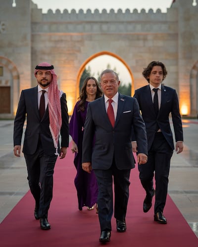 King Abdullah II accompanied by Crown Prince Hussein, Princess Salma and Prince Hashem at Al Husseiniya Palace to attend Jordan's 79th Independence Day celebrations. Photo: Royal Hashemite Court