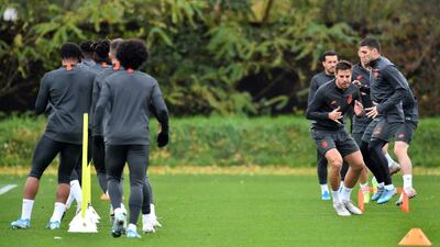 Chelsea defender Cesar Azpilicueta and teammates take part in a training session. AFP