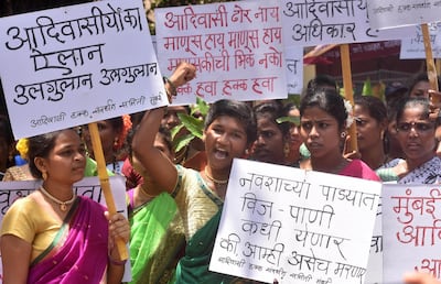 Aadivasi Halka Sanvardhan Samiti and Tribals of Aarey colony protesting against Gov. For protecting their land, water and forest at Aarey Central Dairy, Goregaon, on May 28, 2019, in Mumbai, India. Getty