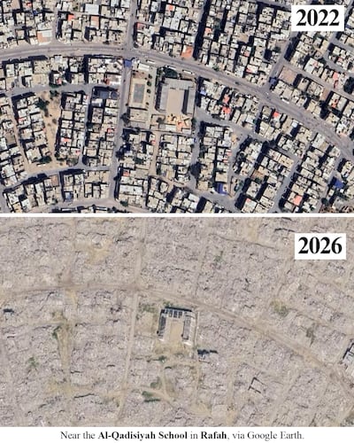 A Google Earth comparison shared by actress Angelina Jolie, showing the area around Al Qadisiyah School in Rafah. @angelinajolie / Instagram