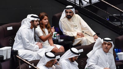 Sheikh Mohammed bin Rashid watches La Perle with Sheikh Maktoum bin Mohammed and Sheikha Jalila bint Mohammed on Saturday. Wam