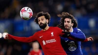 Liverpool's Mohamed Salah in action with Chelsea's Marc Cucurella during the 0-0 draw at Stamford Bridge. Action Images