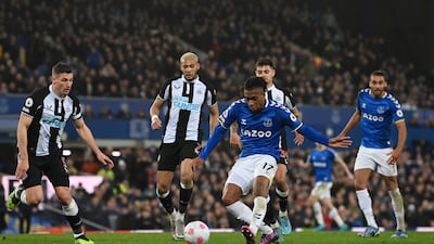 Everton's Alex Iwobi scores the only goal of the Premier League game against Newcastle United at Goodison Park on Thursday, March 17, 2022. Getty