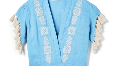 Pretty and relaxed, this baby blue linen top is lovely tucked into a skirt; Dh455, Carolina K at Shopbop