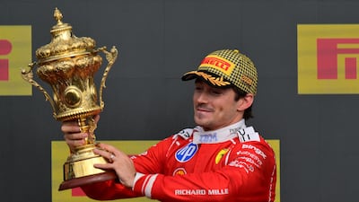 Ferrari's Charles Leclerc celebrates after winning the 2026 British Grand Prix at Silverstone. AFP
