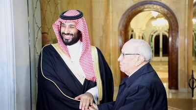 Tunisian President Beji Caid Essebsi (R) receives Saudi Crown Prince Mohammed bin Salman (L) at the Presidential castle of Carthage. EPA