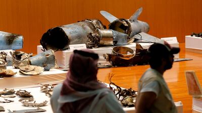 The Saudi military displays what they say are an Iranian cruise missile and drones used in recent attack on its oil industry at Saudi Aramco's facilities, during a press conference in Riyadh, Saudi Arabia, Wednesday, September 18, 2019. AP Photo
