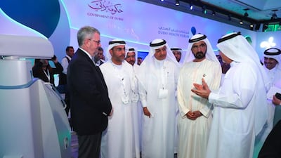 Sheikh Mohammed bin Rashid, Vice President and Ruler of Dubai, tours the exhibitions at Dubai Health Forum on Monday. Wam