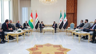 Syrian President Ahmad Al Shara, centre right, receives Nechirvan Barzani, President of the Kurdistan Region of Iraq, at the People's Palace in Damascus. Photo: @SyPresidency / X