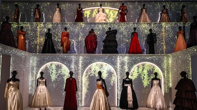 Dresses by Christian Dior displayed during a continuing exhibition called Azzedine Alaia and Christian Dior, Two Masters of Haute Couture at La Galerie Dior in Paris. AFP
