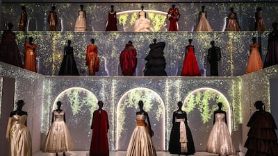 Dresses by Christian Dior displayed during a continuing exhibition called Azzedine Alaia and Christian Dior, Two Masters of Haute Couture at La Galerie Dior in Paris. AFP