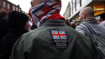 Members of the English Defence League hold a demonstration in Bolton’s Victoria Square, where United Against Fascism protesters also held a rally on March 20, 2010. Christopher Furlong / Getty Images