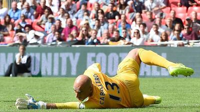 Manchester City goal keeper Willy Caballero is beaten by Arsenal’s Santi Cazorla during the FA Community Shield at Wembley Stadium in London, Britain, 10 August 2014. EPA/ANDY RAIN
