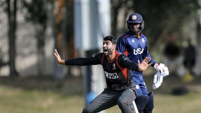 Ahmed Raza of UAE appeals unsuccessfully for an lbw decision.