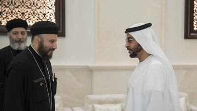 Sheikh Hamdan bin Zayed, greets a guest from the Bishop of Cairo’s delegation. Mohamed Al Hammadi / Crown Prince Court - Abu Dhabi