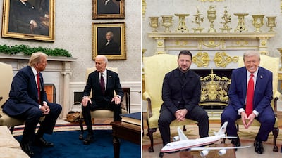 From left: Joe Biden’s pared-down Oval Office in November 2024 and Donald Trump’s gilded and the same trophy-lined space during Trump's meeting with Ukraine’s Volodymyr Zelenskyy this month. Photo: EPA