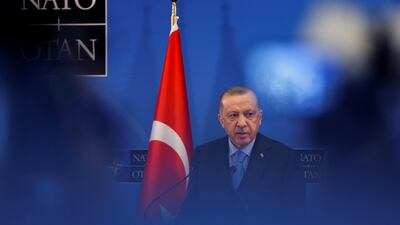Turkish President Tayyip Erdogan at a news conference following the Nato summit, in Brussels, Belgium, on March 24. Reuters