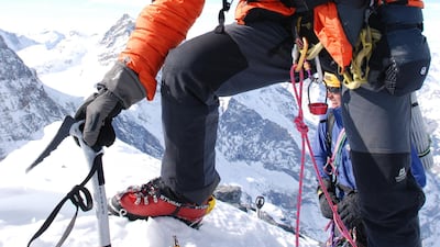 Fiennes at the top of the Eiger Summit, a 3,967-metre mountain of the Bernese Alps, overlooking Grindelwald and Lauterbrunnen in the Bernese Oberland of Switzerland, just north of the main watershed and border with Valais. Ian Parnell