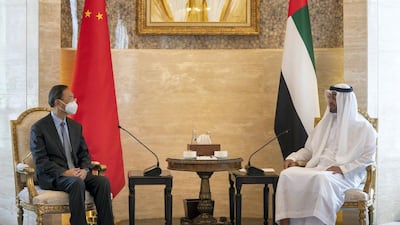 Sheikh Mohamed bin Zayed speaks with Yang Jiechi, special representative of the President of China, at Al Shati Palace. Eissa Al Hammadi for the Ministry of Presidential Affairs