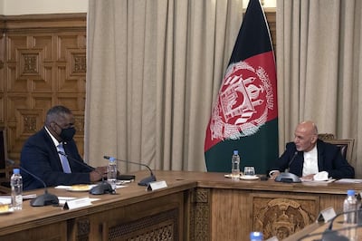US Secretary of Defence Lloyd Austin meets with Afghanistan's President Ashraf Ghani. Courtesy US Secretary of Defence
