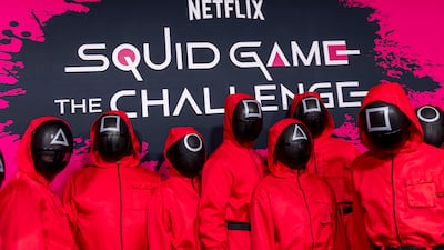 The pink guards arrive to the finale of the second season of the Squid Game: The Challenge at The Egyptian Theatre in Los Angeles. EPA