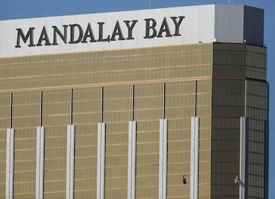 Two broken windows are seen at The Mandalay Bay Resort and Casino following the mass shooting at the Route 91 Festival in Las Vegas. Mike Blake / Reuters