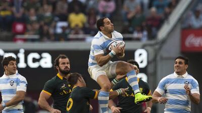 Argentina’s Joaquin Tuculet takes a high ball during their Championship match against South Africa in Durban. Rogan Ward / Reuters