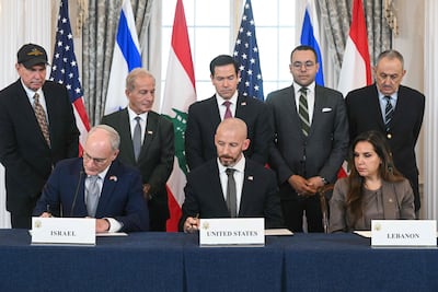 US Secretary of State Marco Rubio, centre, at the signing. AFP