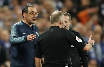 Chelsea manager Maurizio Sarri protests with referee Jonathan Moss after he called Kepa Arrizabalaga to be substituted. Action Images via Reuters