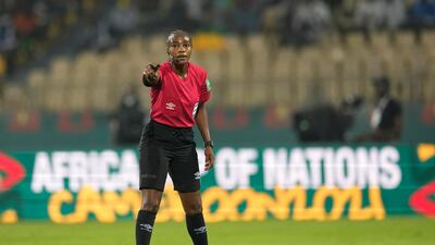 Referee Salima Mukansanga, of Rwanda, during the African Cup of Nations 2022 group B match between Zimbabwe and Guinea at the Ahmadou Ahidjo stadium in Yaounde, Cameroon, in January. AP