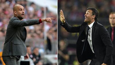 Bayern Munich manager Pep Guardiola, left, and Barcelona manager Luis Enrique, right. Christof Stache / Gerard Julien / Lluis Gene / AFP