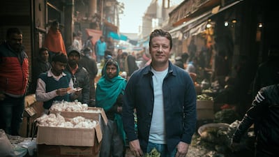 Jamie Oliver in India for 'Jamie's Ultimate Veg'. Courtesy Freddie Claire.