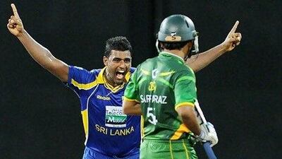 Thisara Perera celebrates hsi hat-trick dismissal of Pakistan's Sarfraz Ahmed.