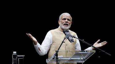 Indian Prime Minister Narendra Modi addresses the crowd during a community reception at SAP Center in San Jose. Stephen Lam / Reuters