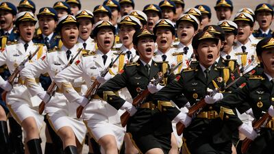 Chinese honour guards march after the arrival ceremony attended by Chinese President Xi Jinping and Azerbaijani President Ilham Aliyev at The Great Hall of The People in Beijing, China. Getty Images