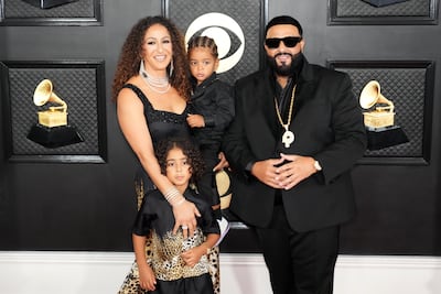 DJ Khaled and Nicole Tuck with their sons Aalam and Asahd at the 65th Grammy Awards. Photo: FilmMagic